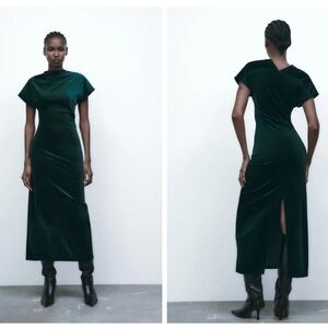 Zara Draped Velvet Dress in Emerald Green Size XXL Bodycon NEW Mock Neck Party
